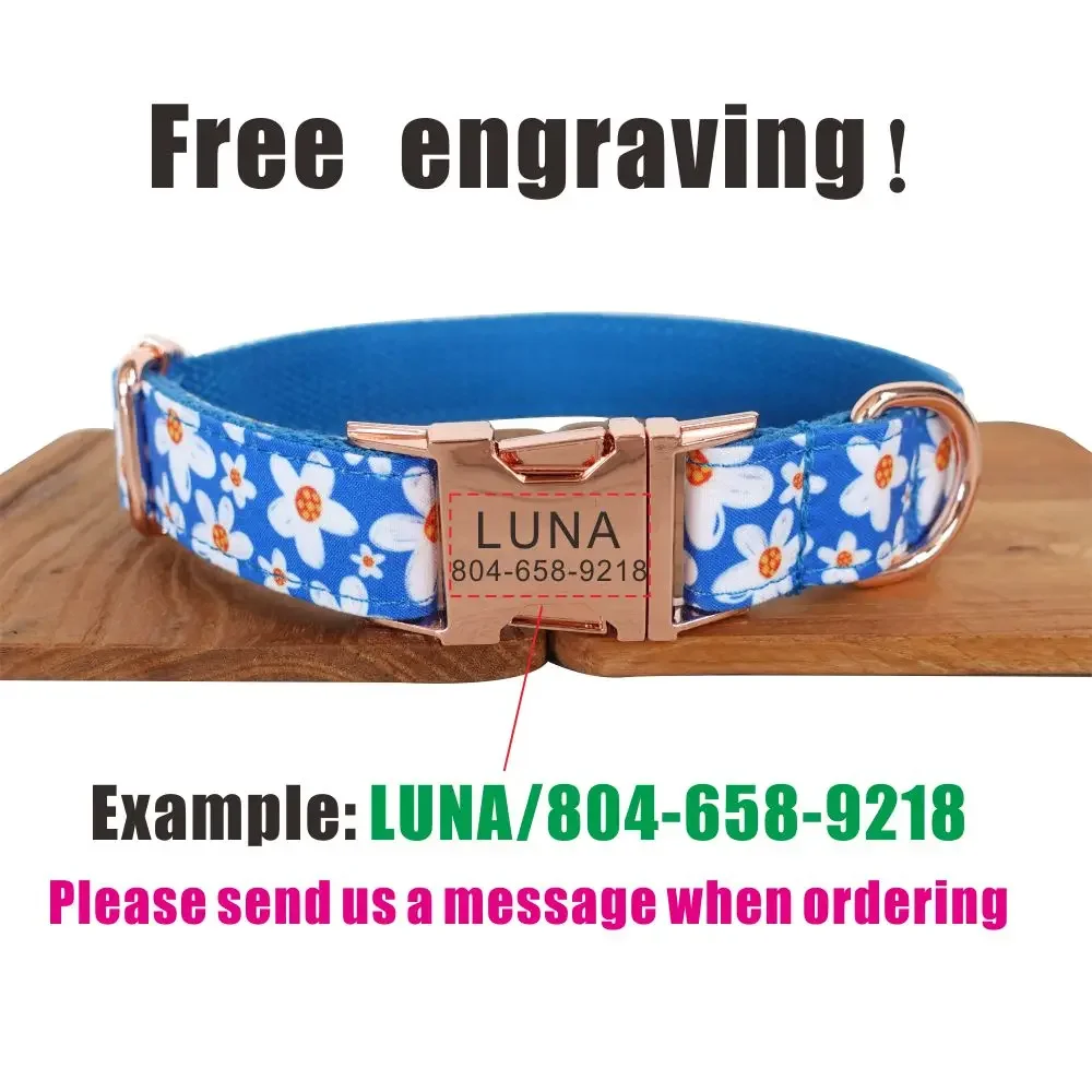 Personalized Dog Collar with Free Engraving, Matching Pet Leash,Customzied Contacts Metal Buckle, Blue Daisy Puppy Collar