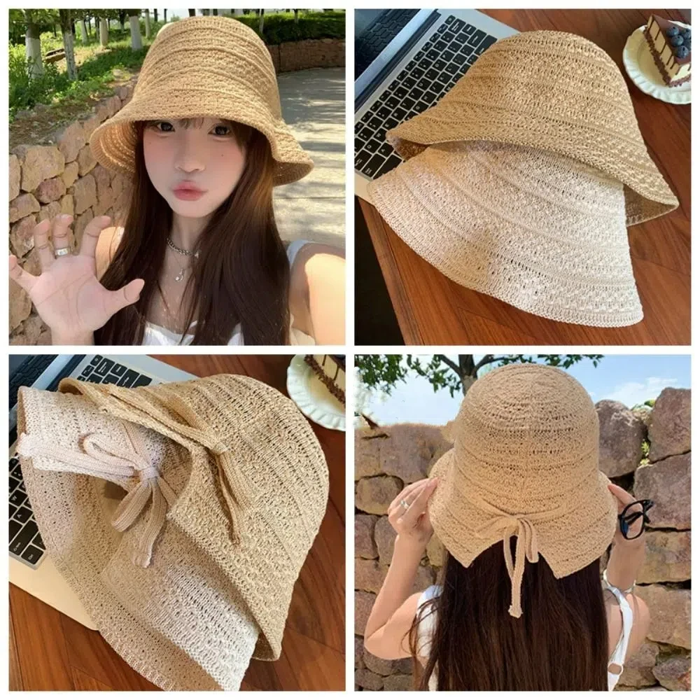 

Korean Summer Weaving Straw Cap Women's Outdoor Beach Sun hat Wide Brimmed Handmade Visor Bucket Hat Travel