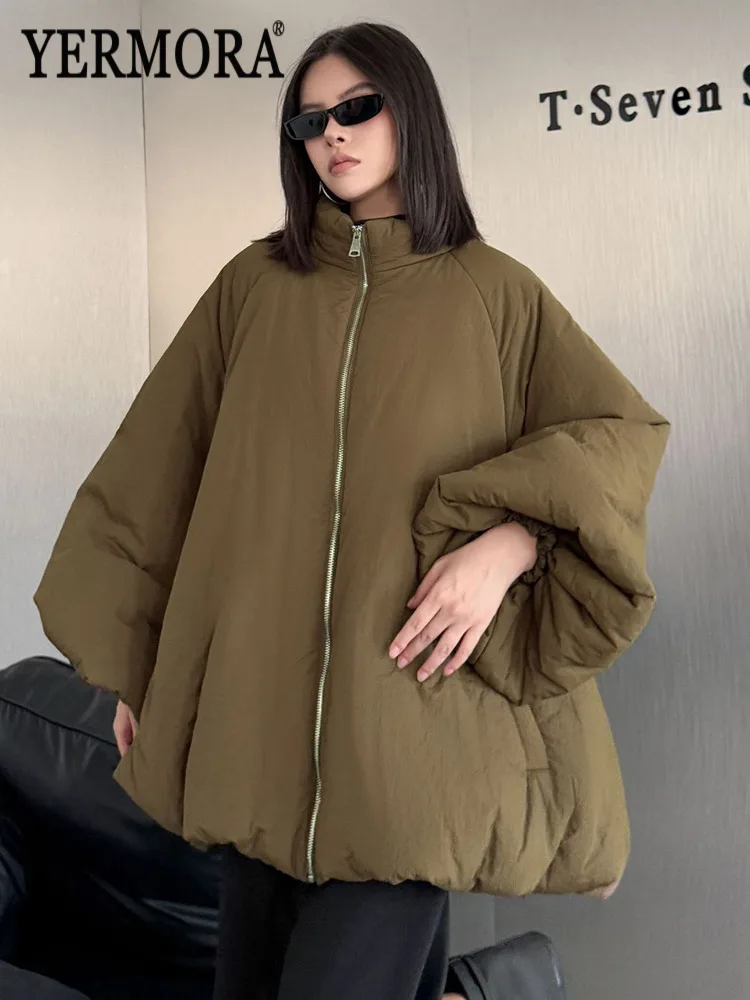

YERMORA Women‘S Coffee Zipper Warm Casual Padded Jacket Stand Collar Long Sleeve Loose New Parka Fashion Tide Autumn Winter 2025