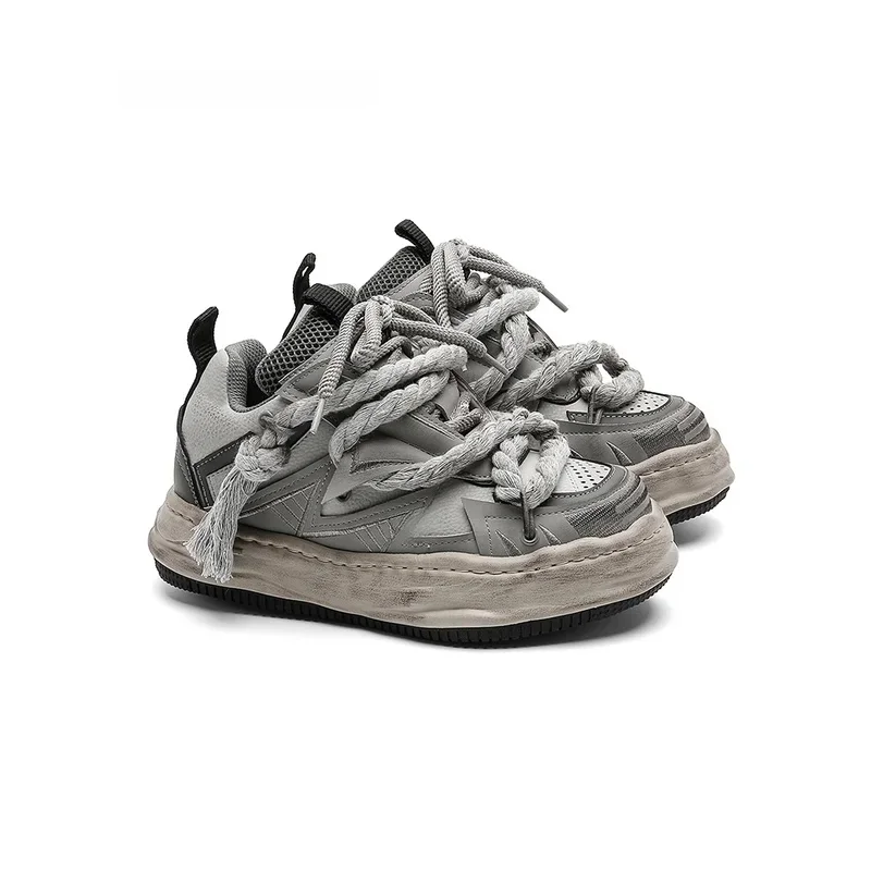 Grey Vintage Bread Sneakers Unisex Invisible 7CM Heightening Thick Bottom Casual Sporty Mesh Lined Board Shoes Comfortable Fit