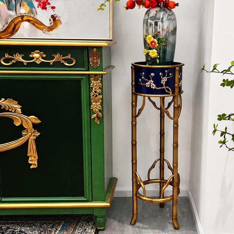 Bamboo Eyebrow Vase Rack Golden Blue Floor Shelf High End Villa Decorative Storage Stand for Living Room Home Ornament