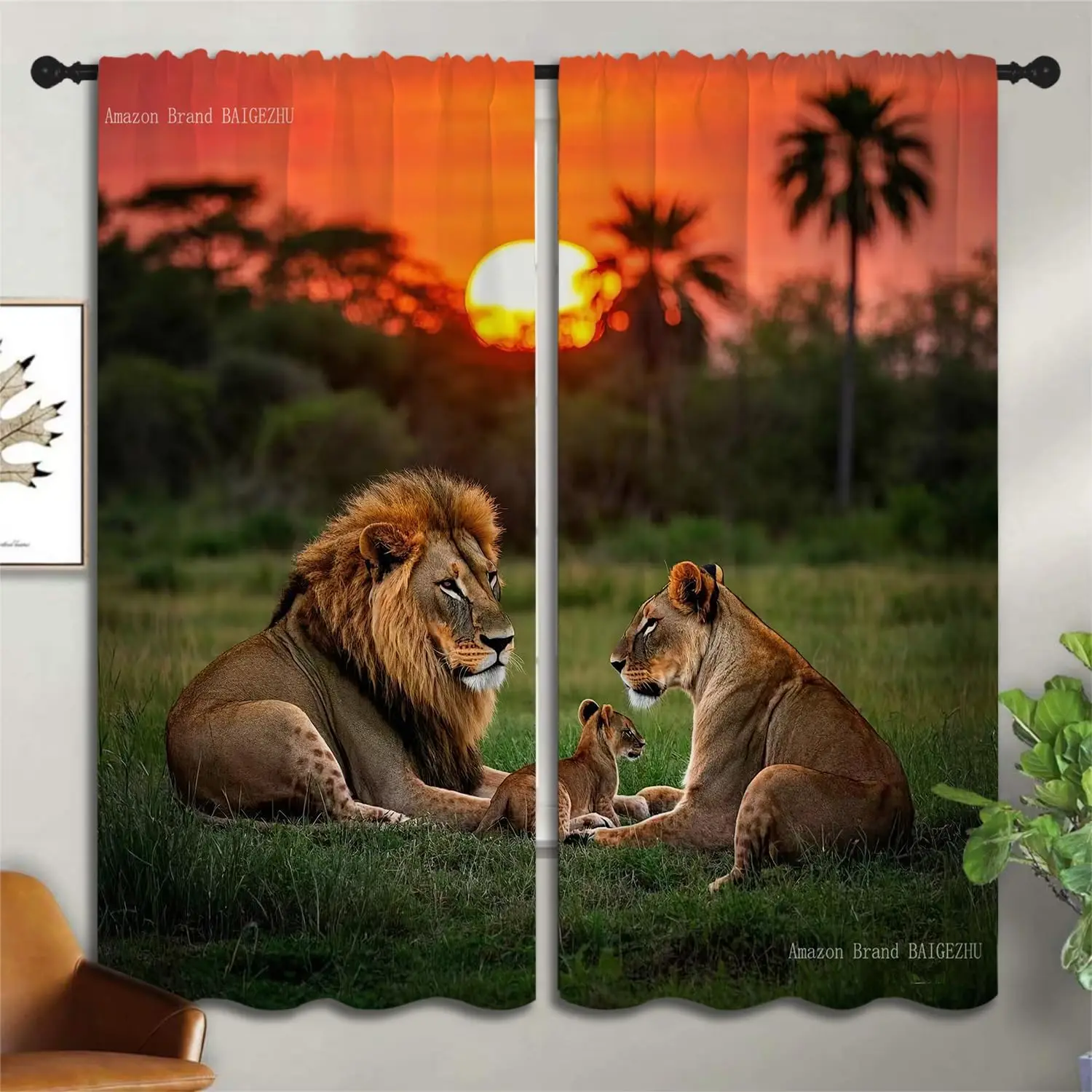 Verdunkelungsvorhänge für Jungen und Mädchen, afrikanische tropische Wildtiere, Sonnenuntergang, Naturlandschaft, 2-teilige Vorhänge mit Stangentasche, wärmeisolierende Vorhänge für