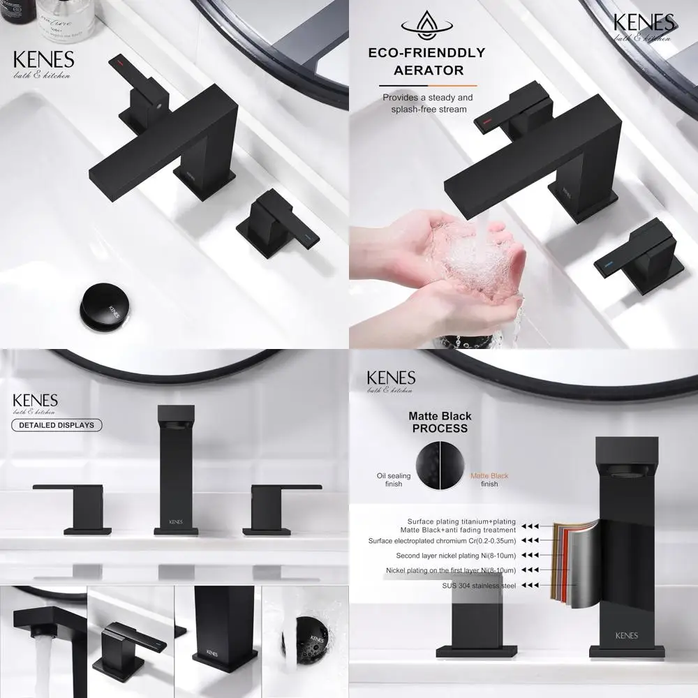 

Matte Black 3-Hole Widespread Bathroom Sink Faucet with 8 Spout, 2-Handle Vanity Set, Pop-Up Drain & Lines, KE-9050-2-P