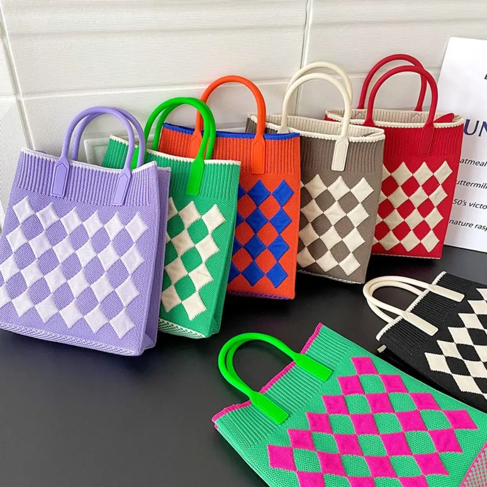 Reusable Contrasting Colors Knit Handbag Rhombic Lattice High-capacity Knot Wrist Bag Knit Phone Bag Girl