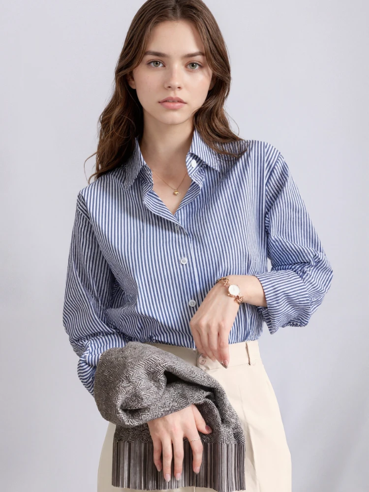 

Zjaiss Lady Long Lantern Sleeve Stand Collar Loose Blusas Tops 2026 Spring Autumn Classic Striped Woman Blouses Shirt