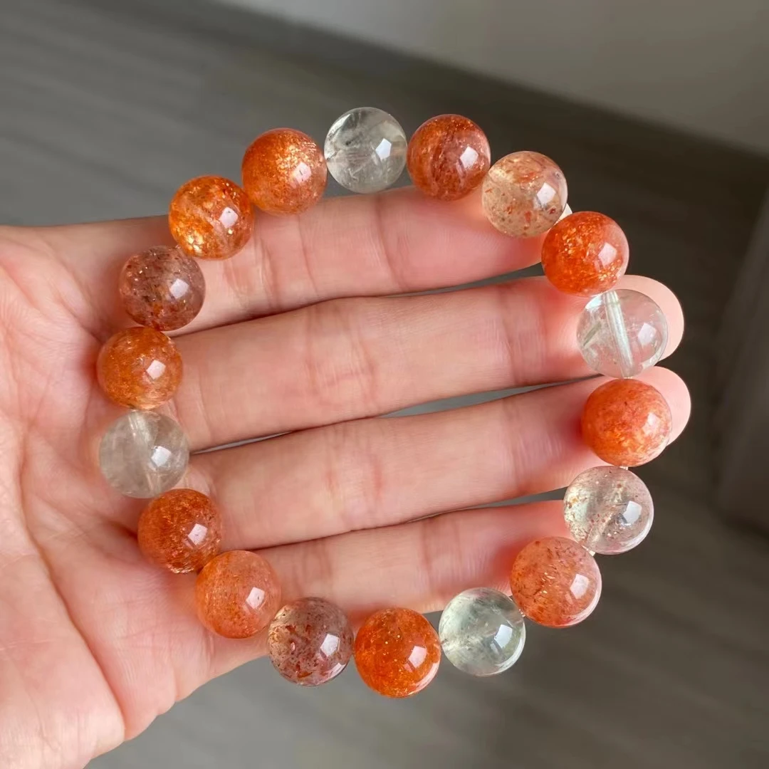 

Natural Orange Sunstone Strawberry Quartz Beryl Arusha Bracelet 11mm Clear Round Beads Women Bangle AAAAAA