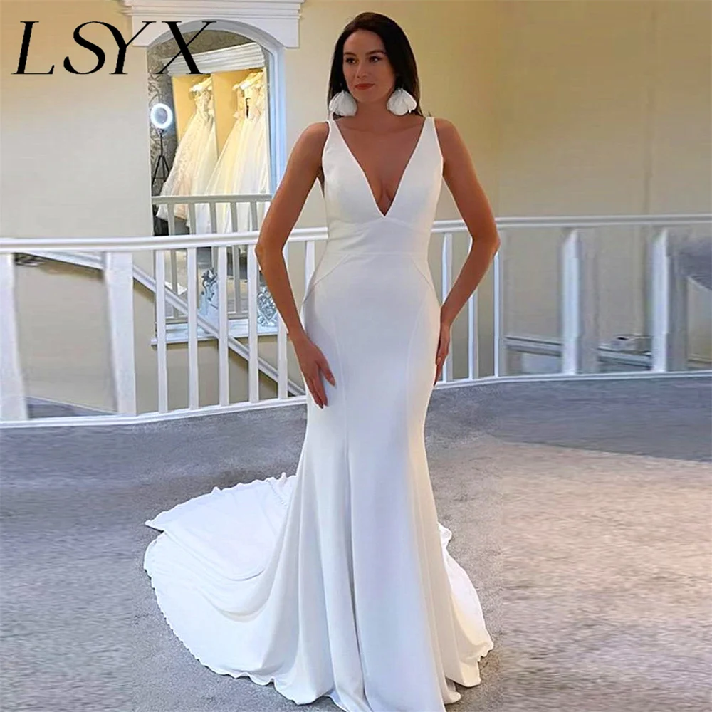 

LSYX Simple Strapless Deep V-Neck Crepe Mermaid Wedding Dress For Women Open Back Court Train Bridal Gown Custom Made