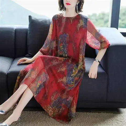 فستان طويل مطبوع شيفون للنساء ، فضفاض وحجم كبير ، ملابس صيفية نسائية #4