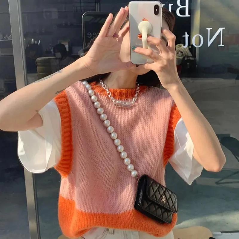 Streetwear Cropped Sweater Vests Women Sweet Patchwork Sleeveless Knitted Waistcoat Harajuku Korean Slim Short Knitwear Jumpers