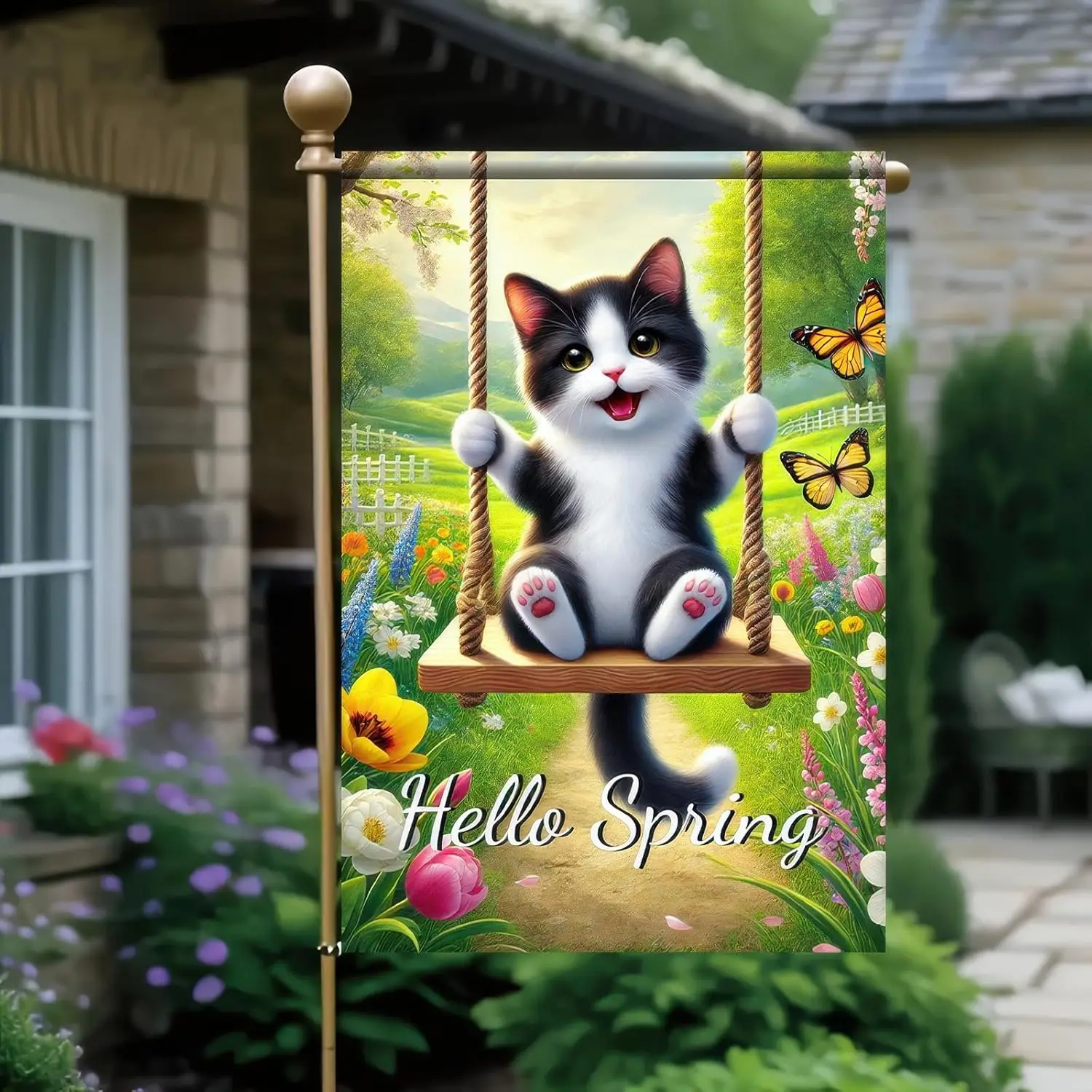 Hello Spring Summer Garden Flag Cute Cat Yard Flag Seasonal Welcome Outdoor Flag Farmhouse Yard Decoration 12 x 18 Inch Doub SSL