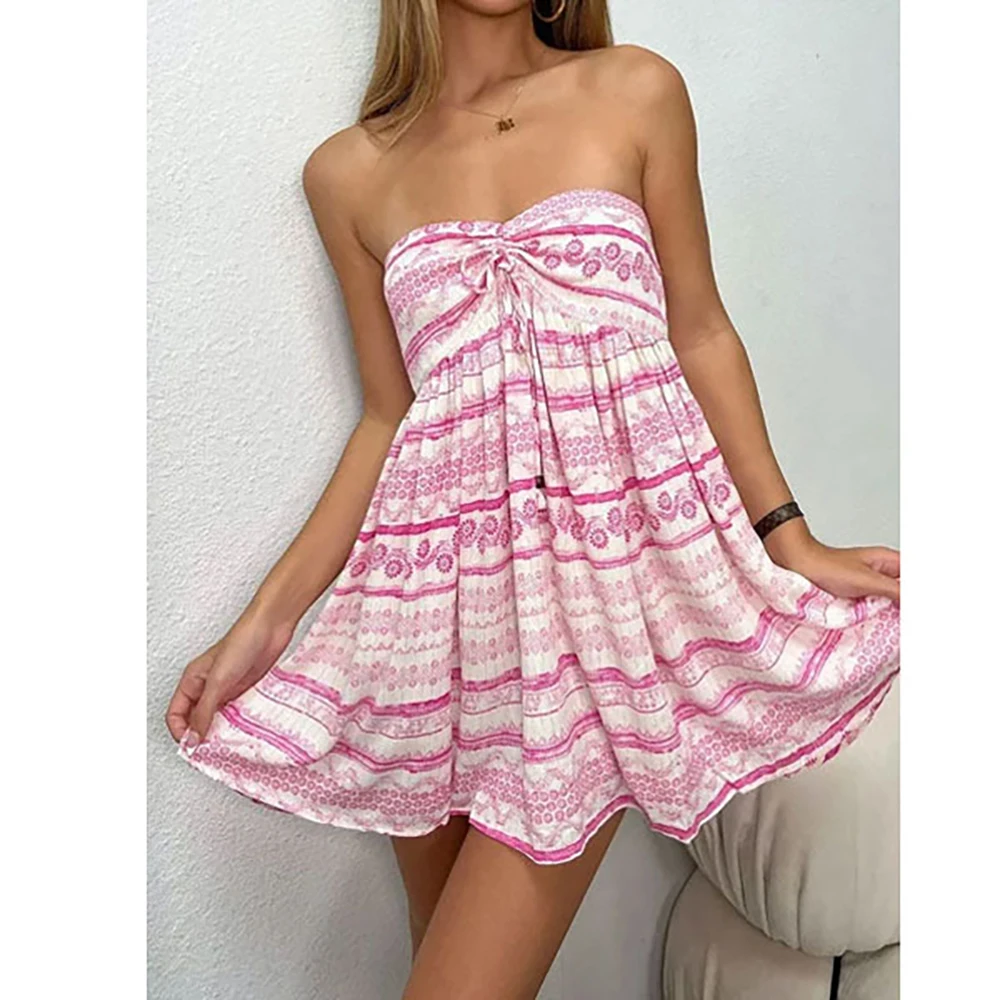 

Bohemian Mini Dress Summer Fashion Streetwear Clothing Sleeveless Wrap-Around Dress Sweet Printing Loose Ladies Mini Dresses