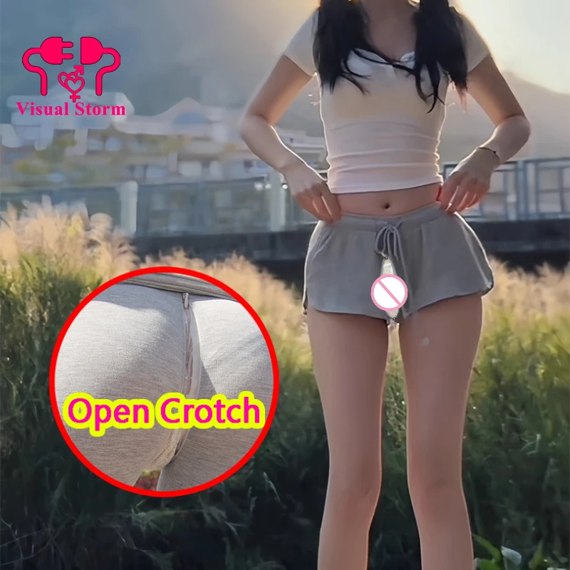 Women's Sexy Open Crotch Low Rise Shorts Drawstring Mini Leggings Summer Casual Wide Leg Hot Pants Crotchless Fitness Outfit