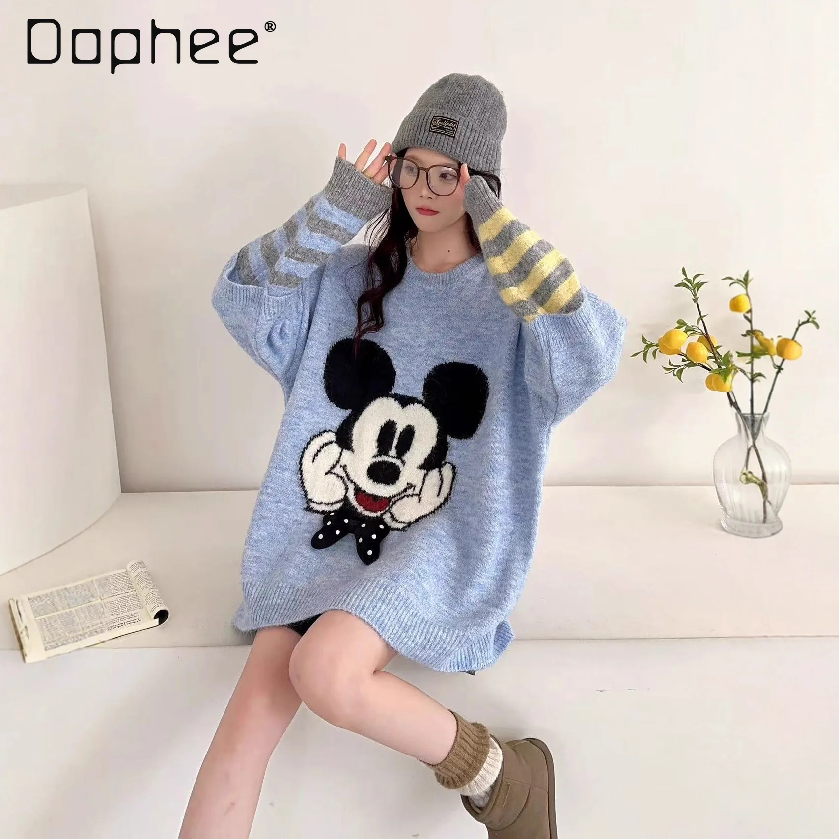 

Casual Loose Striped Long Sleeve Patchwork Cartoon Jacquard Fashion Pullover Knitted Sweater Fashion Tops 2025 Women