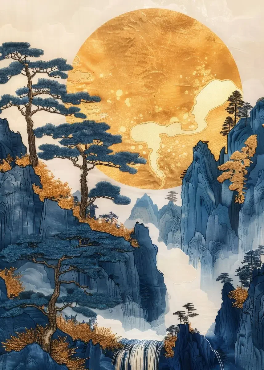 2027Landscape Blue Mountain Tree Forest Pine Temple River Gold Sun Poster Canvas Painting Print   New