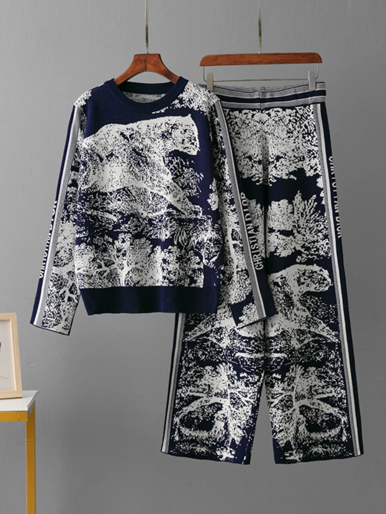 Fashion 2 Pieces Set Knitted Animal Print Elegant Casual Sets Women O-Neck Long Sleeve Knitwear+Wide Leg Long Pants