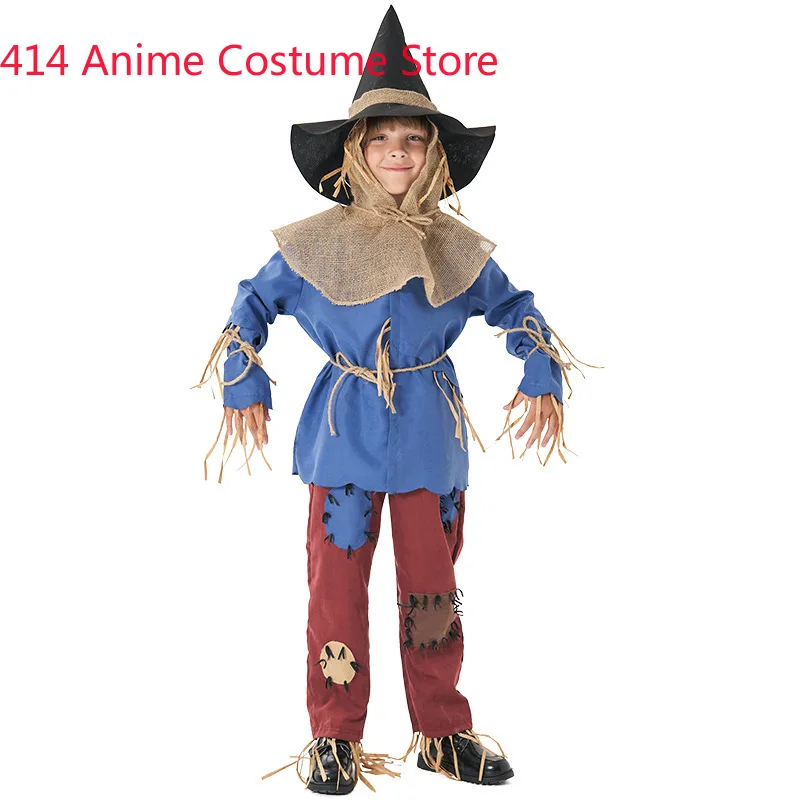 Unisex Child Kids Puppet Scarecrow Costume for Boys Girls Blue Top Pants Set Fantasia Halloween Stage Fancy Dress