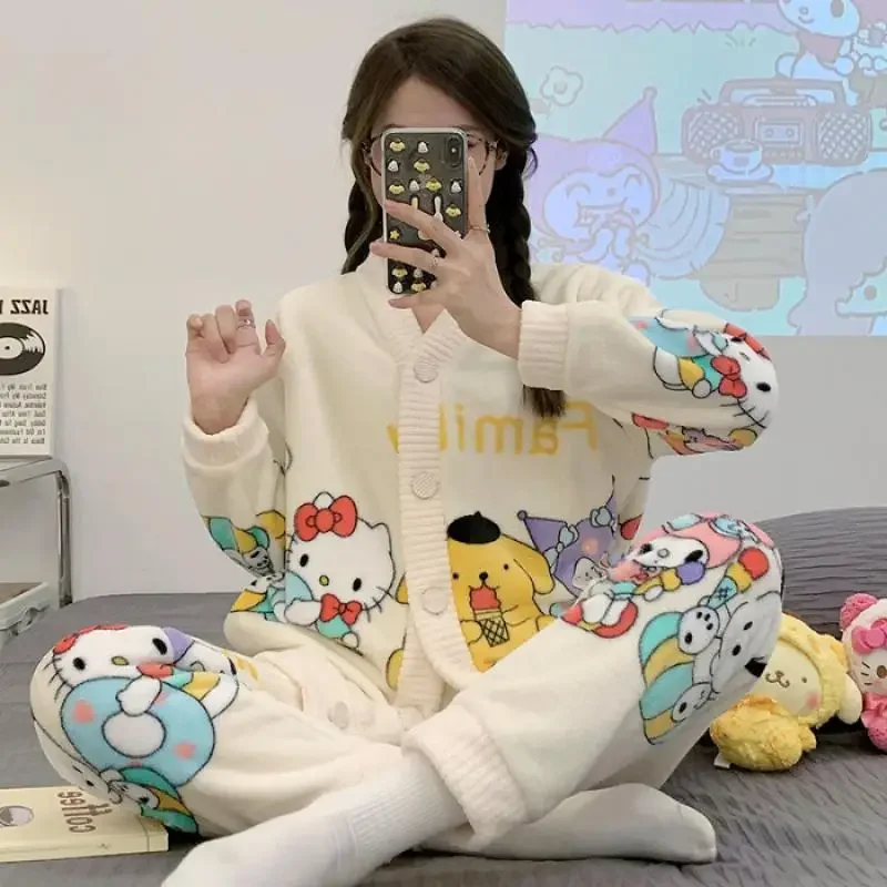 

Kawaii Hello Kitty, осенне-зимние пижамы, женский кардиган с v-образным вырезом, милый мультяшный плюс бархатный утолщенный фланелевой костюм, повседневная домашняя одежда