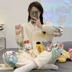 Kawaii Hellokitty Autumn Winter Pajamas Women's V-Neck Cardigan Cute Cartoon Plus Velvet Thickened Flannel Suit Casual Home Wear