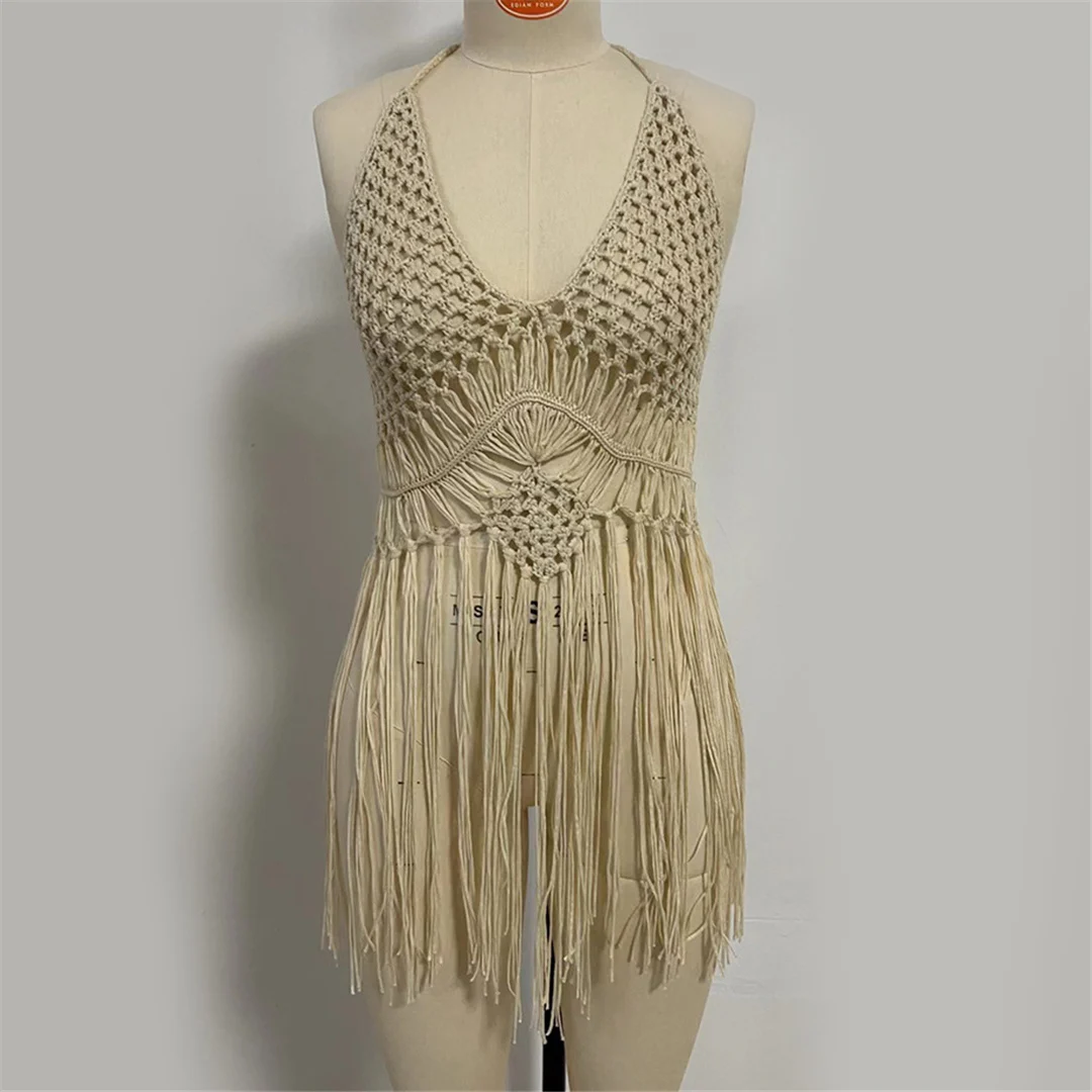 Sexy, langes, mit Fransen versehenes, gehäkeltes, gestricktes Tunika-Oberteil, Strandkleid, Strandmode, Strandbekleidung, Strand-Cover-up, Damen, V5573 – Detail 13