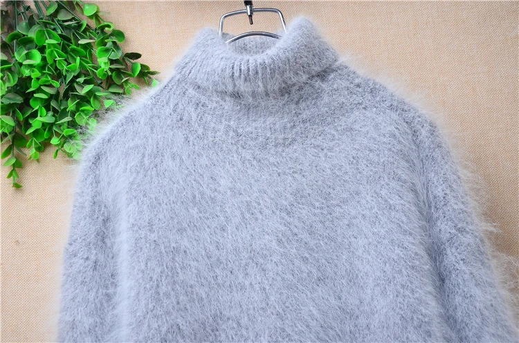 Women mujer Autumn Winter Clothing Hairy Angora Rabbit Hair Knitted Turtleneck Long Sleeves Split Loose Pullover Sweater Jumper