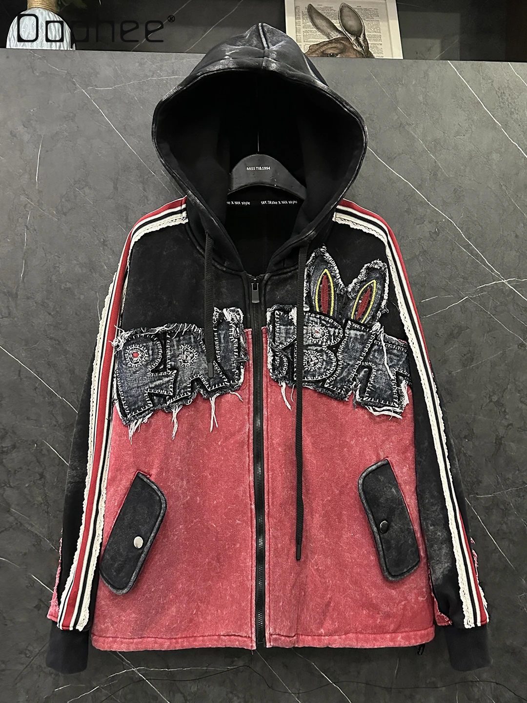 

Autumn Winter Heavy Industry Denim Patchwork Color Block Fleece Lined Hooded Sweatshirt Jacket for Women Loose Casual Style Top