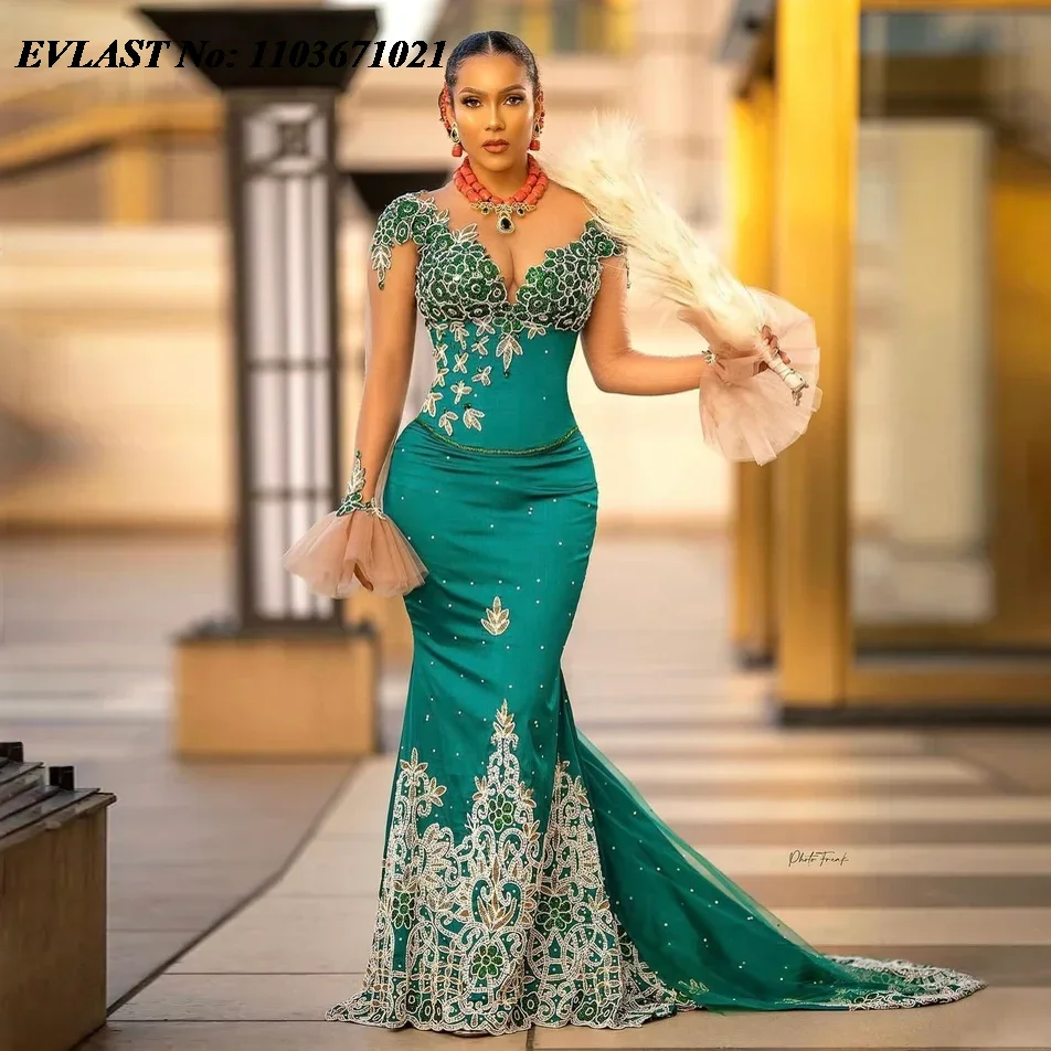 

EVLAST Elegant Green African Long Mermaid Prom Dresses Lace Beading Special Occasion Gown Aso Ebi Evening Party Dress P155