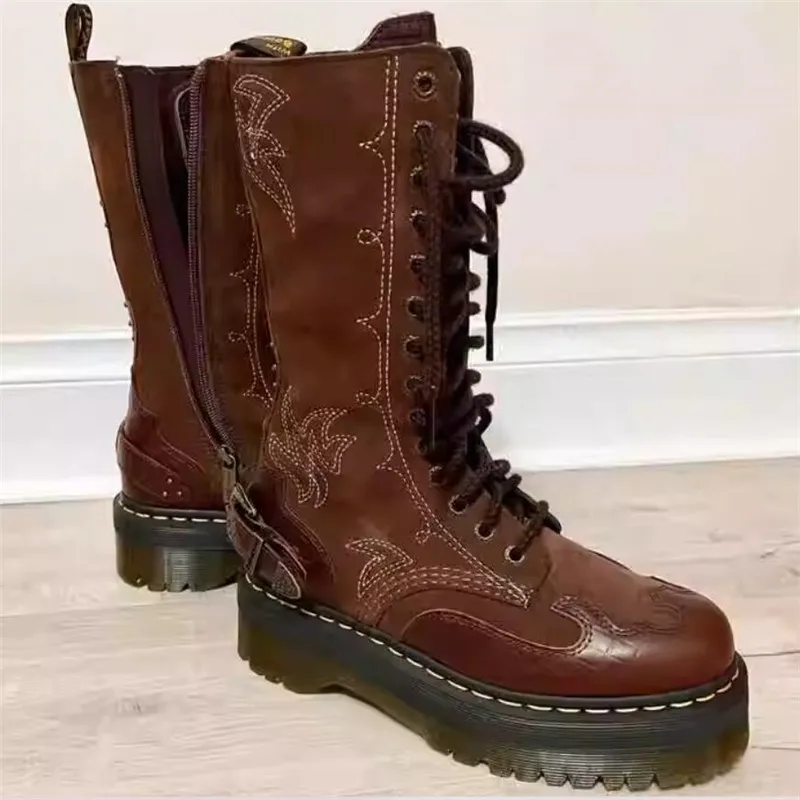 

Retro Genuine Leather Woman Knight Boot Fashion Women Lace Up Chunky Heel Boots