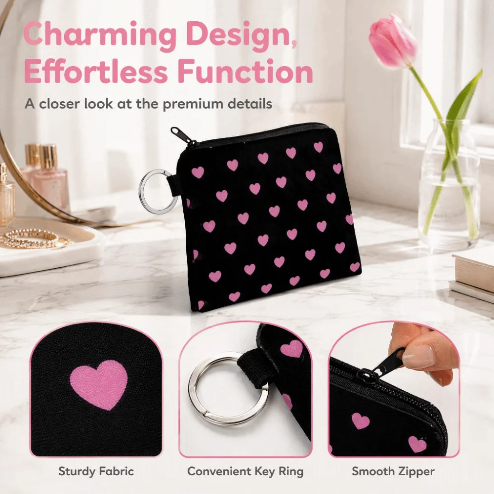 Love Heart Black Coin Purse with Key Ring Easy Access Zipper Makeup Bag Zip Pouch Printed Coin Key Card Holder Women Cosmetic