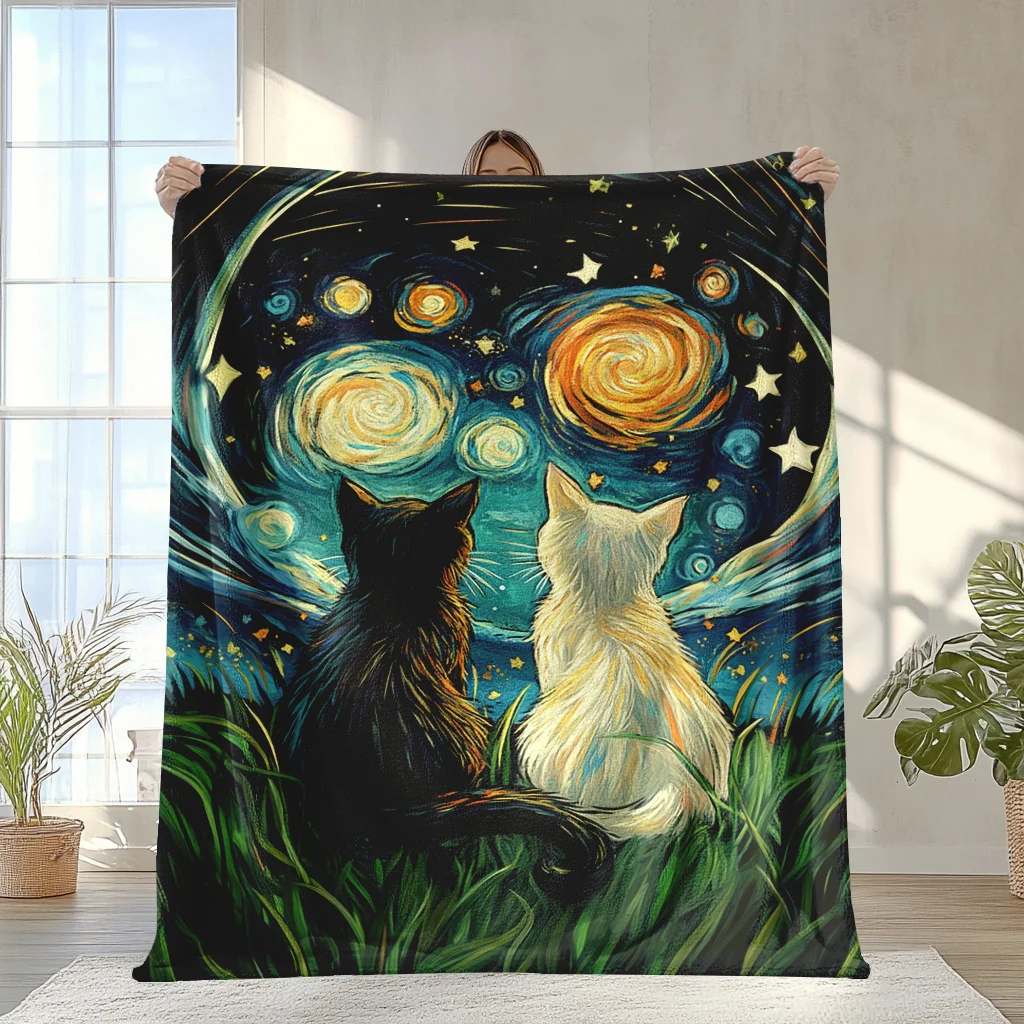 Starry Sky Kitten Print Blanket, Soft Flannel, Polyester, Digital Print, Envelope Stitch, Machine Washable, Home & Office Decor