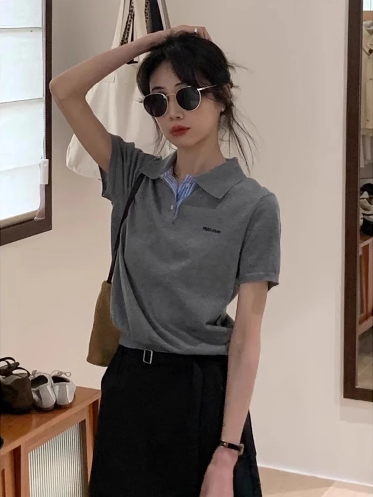 

ay Collar ort Sve Knitted irt Women Summer Thin Faionable Versatile Charming ular oulder Top Korean Sl...