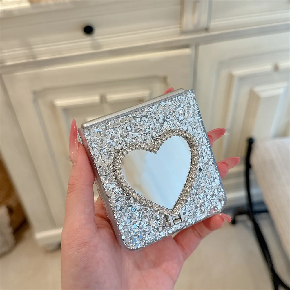 Korean Glitter Sequins Bling Love Stand Phone Case For Samsung Z Flip 7 6 4 5 3 5G Luxury Mirror Bracket Stand Chain Cover