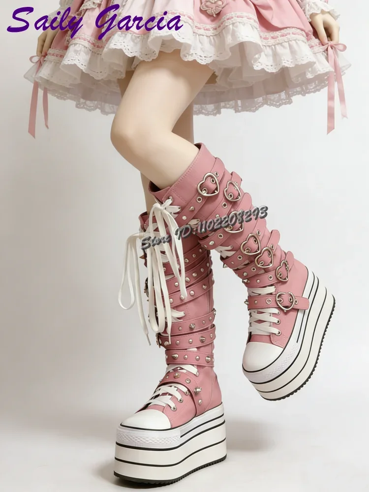 Gothic Heart Buckle Rivet Platform Boots Punk Red Canvas Lace-up Knee High Boots 2026 New Sweet Cool Festival Party Women Shoes