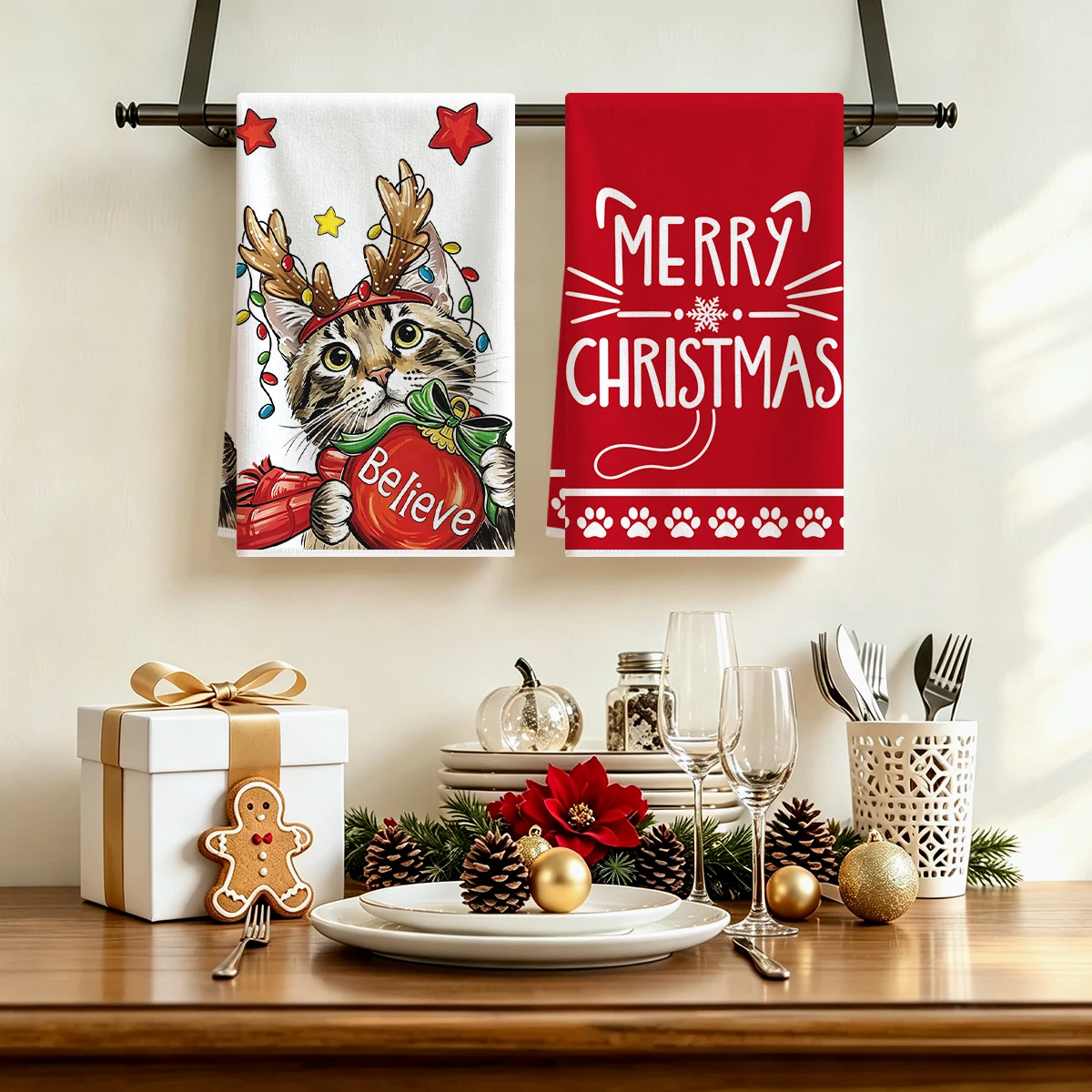 2Pcs Christmas Kitchen Towels, Cute Cat with Reindeer Antlers & Christmas Tree Print, Absorbent Multi-Purpose Dish Cloths