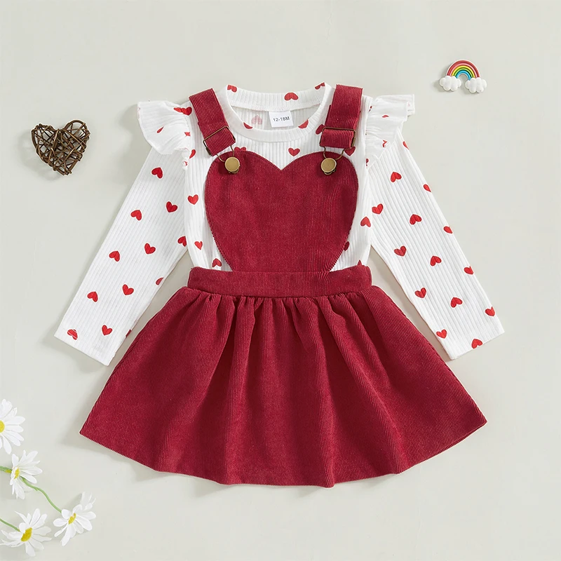 Pudcoco Infant Baby Girl Fall Outfit, Heart Print Ruffle Long Sleeve Romper Suspender Skirt 2 Piece Set 6M-4T