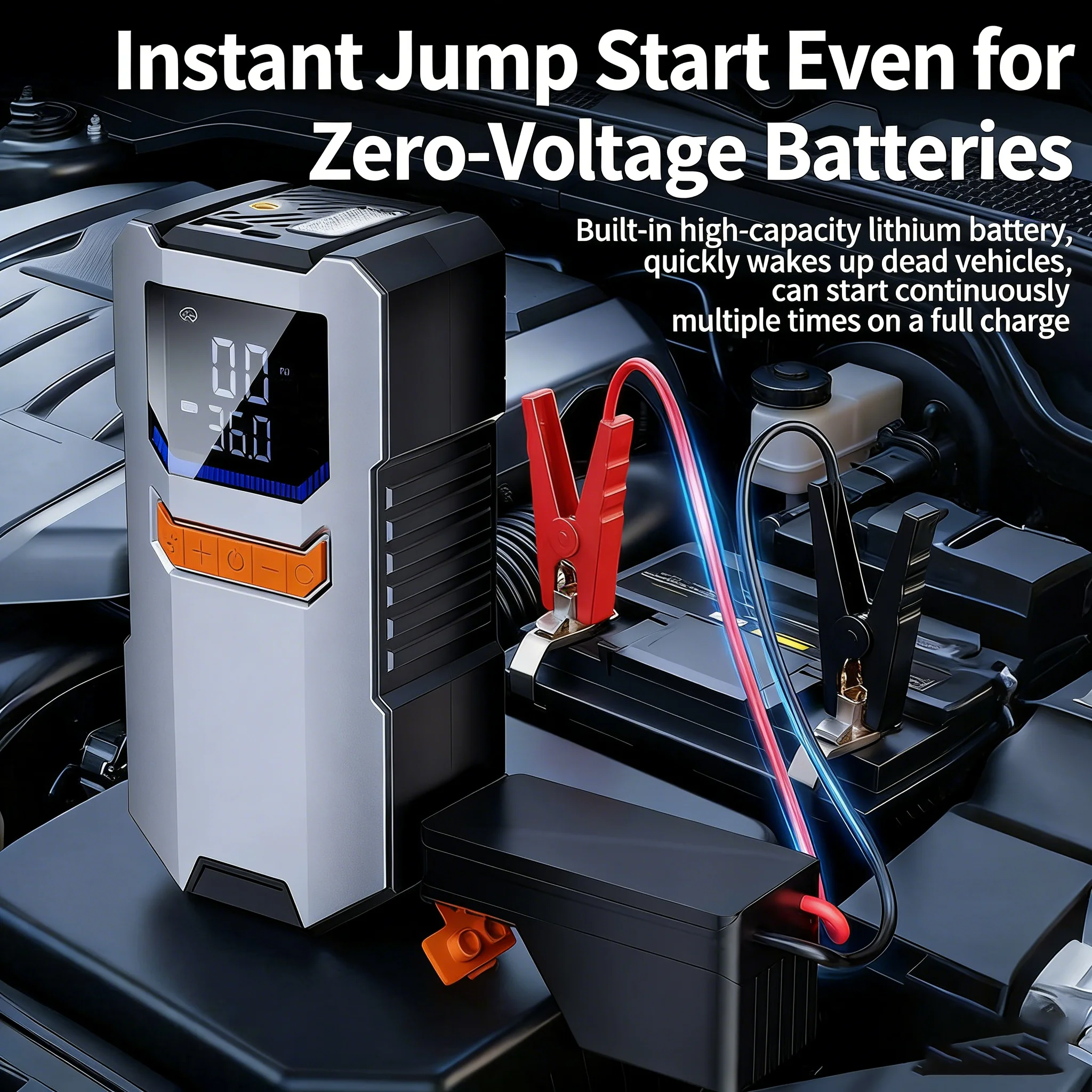 

Portable Car Jump Starter with Air Pump 6000A Peak, 10.5 Bar Maximum Inflation Auto Tyre Inflator Battery Starters Smart Clip