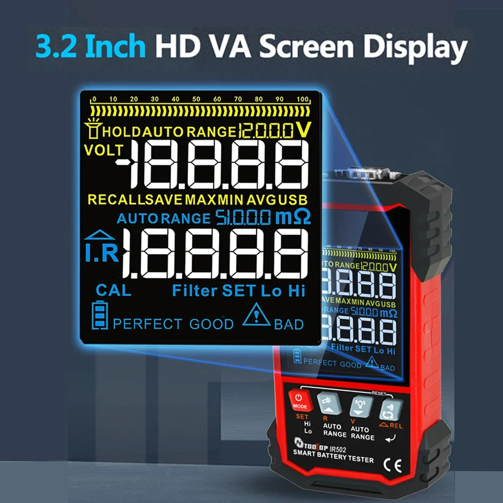 TOOLTOP 3.2Inch Battery Internal Resistance Tester ±120V 500Ω Car Battery Lead-Acid Nickel-Cadmium 18650 Lithium Battery Test