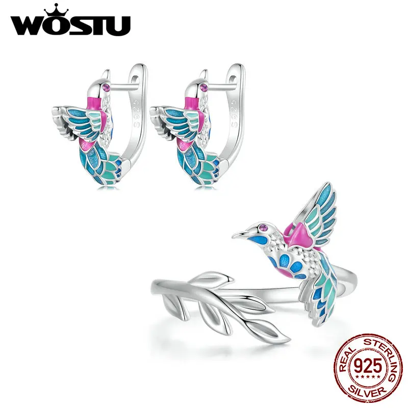 WOSTU 925 Sterling Silver Kingfisher Earrings Opening Ring Colorful Enamel Jewelry for Women Spring Bird Party Birthday Gift