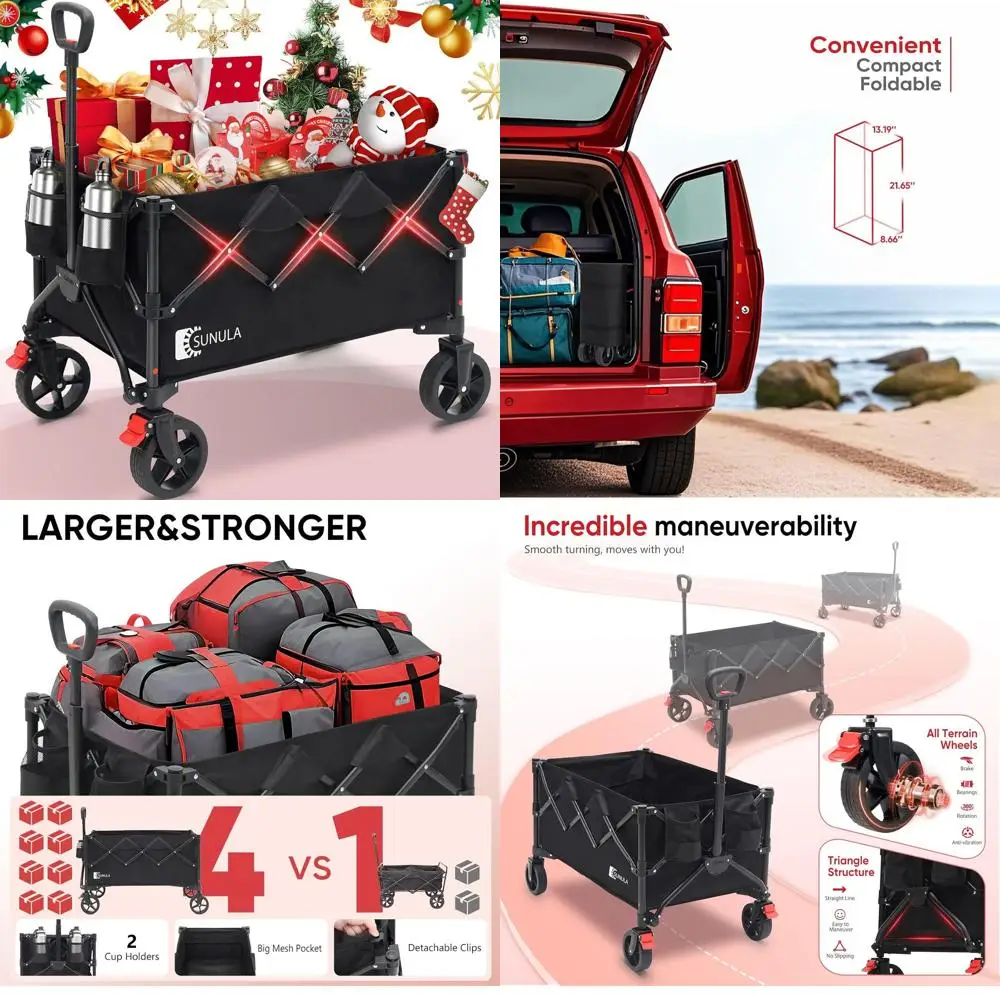 

Heavy-Duty Collapsible Wagon with 330lbs Capacity, All-Terrain Wheels & Drink Holders - Black