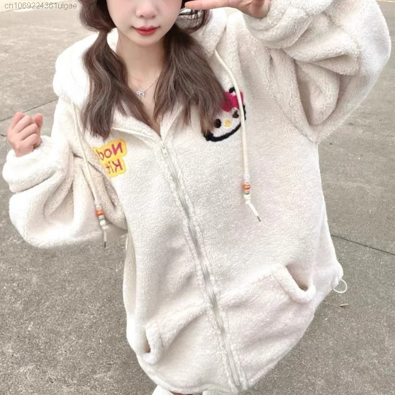 Sanrio Hello Kitty Clothes New Lamb Plush Zipper Top Shirts Hooded Y2k Cute Loose Coat Women Fashion Embroidered Cardigan Hoodie