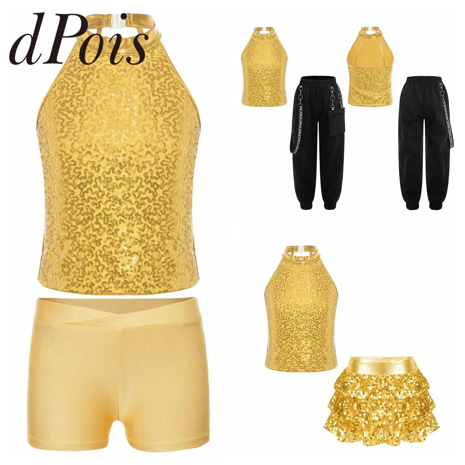 Kids Girls Jazz Dance Costume Streetwear Sequin Halter Crop Top Hip Hop Dancewear Sets Cheerleading Stage Performance Clothes