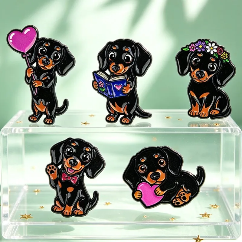 5pcs Cute Dachshund Enamel Pin Set Heart Flower Book Bow Dog Cartoon Brooch Backpack Hat Clothes Accessory Animal Lovers Gifts - view 2