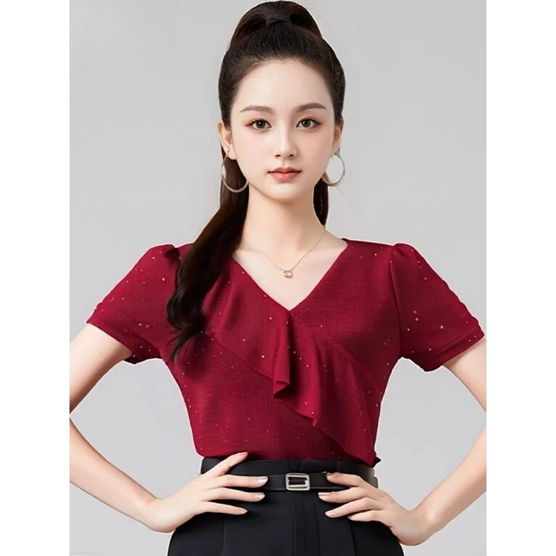 

Female Adult Summer New Latin Dance Tops Ruffled V-neck Fashion Comfortable Short-sleeved Modern Sorority Dance Practice Clothes