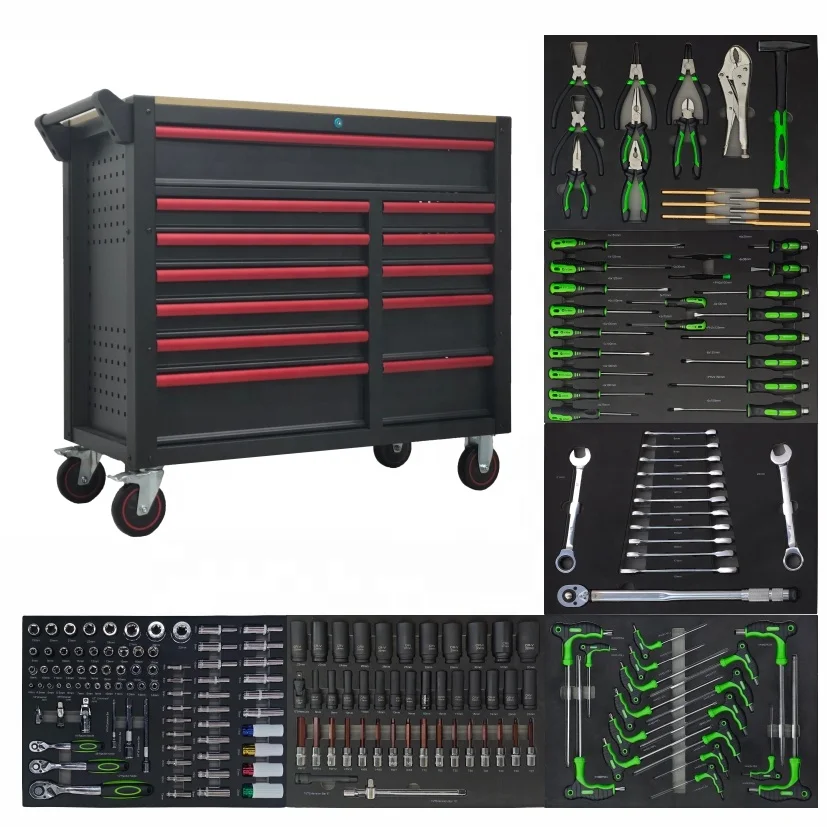 CE 2026 Promotion Heavy Duty Cold-Rolled Steel Cabinet CRV 200 Pcs Green Color Hand Tools Set OEM Wheeled 3-Year Warranty