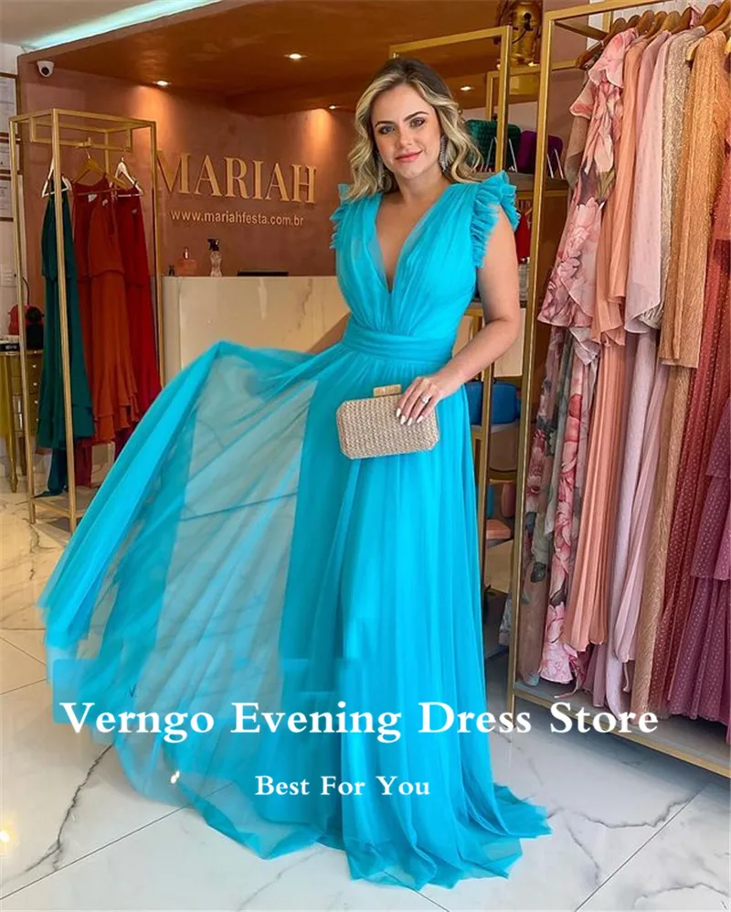 Verngo Vintage Sky Blue Tulle abiti lunghi da ballo con scollo a V con scollo a V e maniche con volant maniche ad aletta abiti da sera formali da donna di fidanzamento