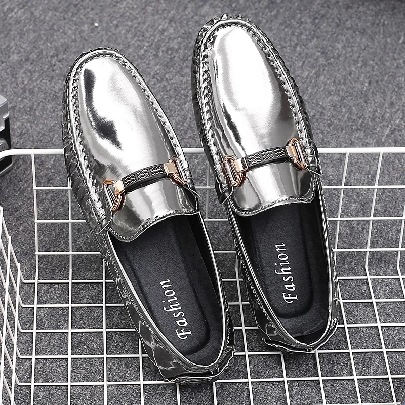 

Penny Loafers Men Casual Shoes Luxury Silver Slip On Flats Patent Leather Man Moccasins Male Driving Shoes Zapatos Homre