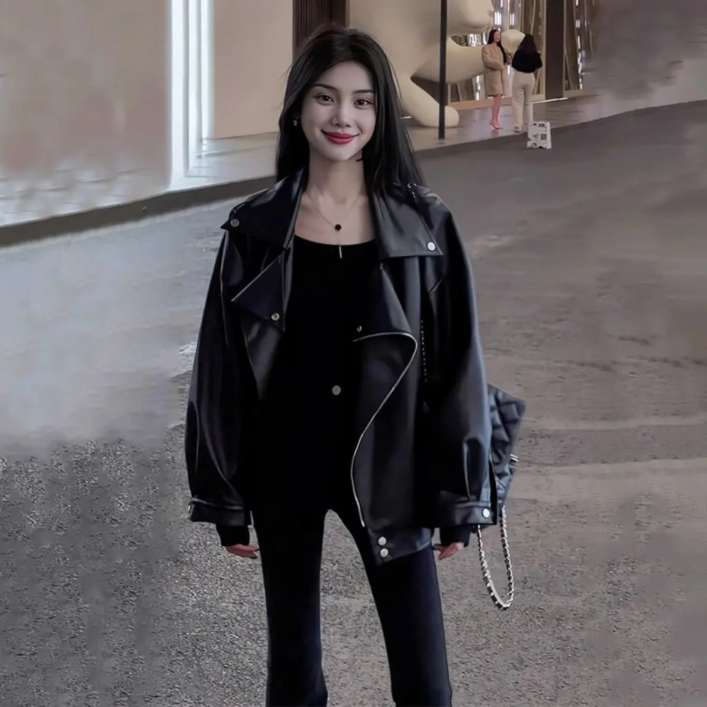 Chaqueta de cuero negro para mujer primavera otoño estilo motociclista Casual ajuste suelto talla grande moda coreana