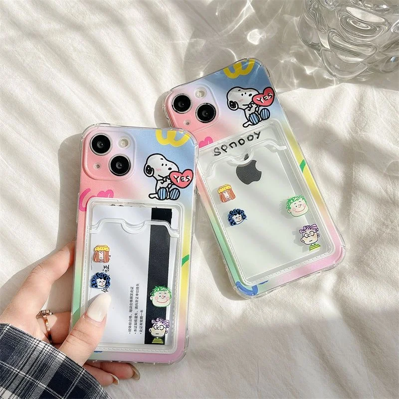 

Cute Gradient Cartoon Snoopy Charlie Brown 3D Heart Love Wallet card bag Phone Case For iPhone 11 12 13 14 15 16 Pro Max Cover