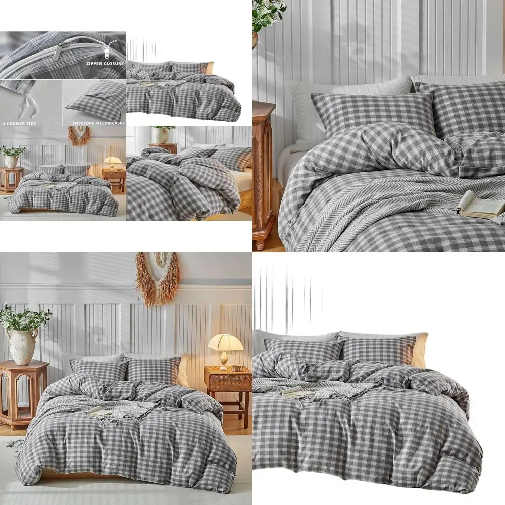 

Комплект пододеяльников King Size из стираного хлопка в клетку — комплект постельного белья в клетку из трех предметов с наволочками, двусторонний, ультрамягкий серый цвет