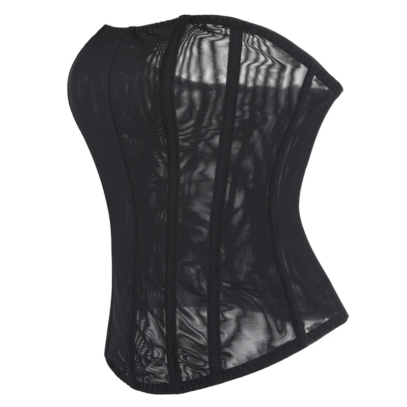 

Women Overbust Corset Sexy Breathable Mesh Bustier Lace Up Zipper Lingerie Body Shaper Black Strapless Corselet