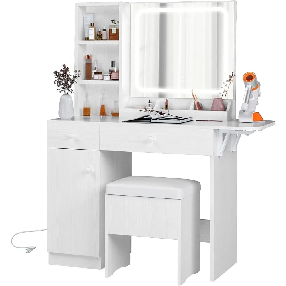 Vanity Desk com espelho iluminado LED e tomada de energia, mesa de maquiagem com gavetas e armário, fezes brancas para o quarto